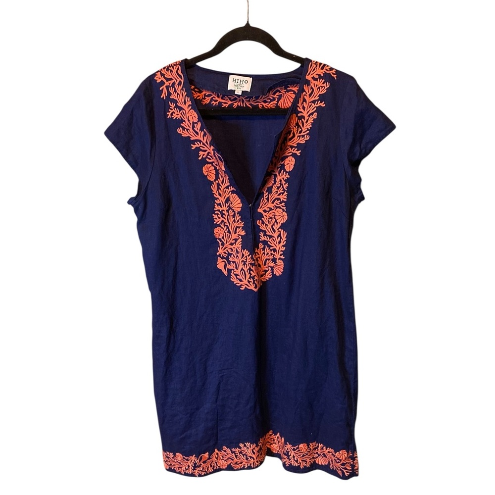 HIHO Tortola Navy Blue Linen Embroidered Resort Dress Size Large